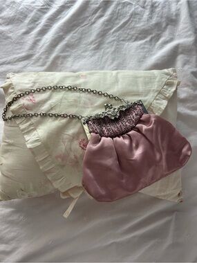 Pink Satin Evening Bag with Chain Strap